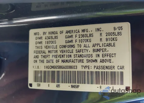 2006 Honda Accord 3.0 Ex z USA, uszkodzony, nr VIN 1HGCM66586A008603